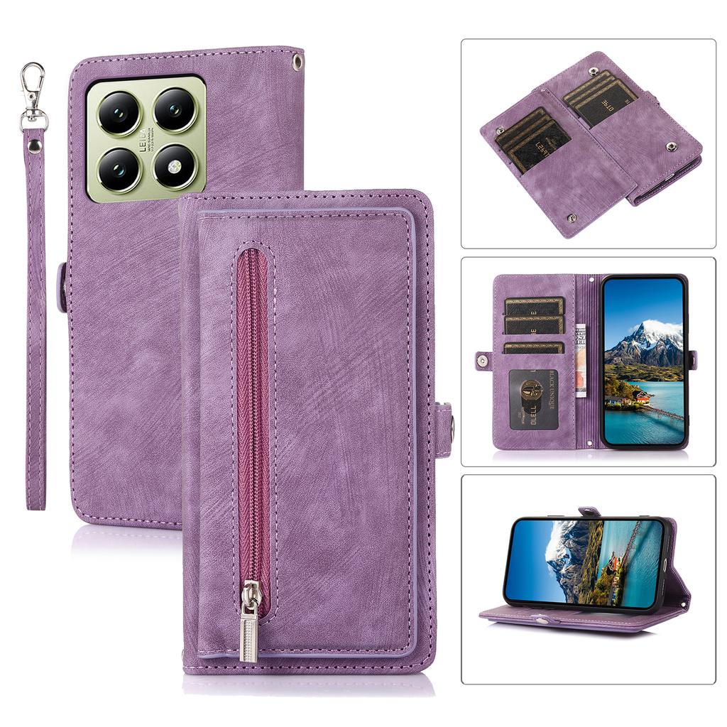 For Xiaomi 14T Case Zipper Pocket 9 Card Slots PU Leather Phone Cover with Wrist Strap
