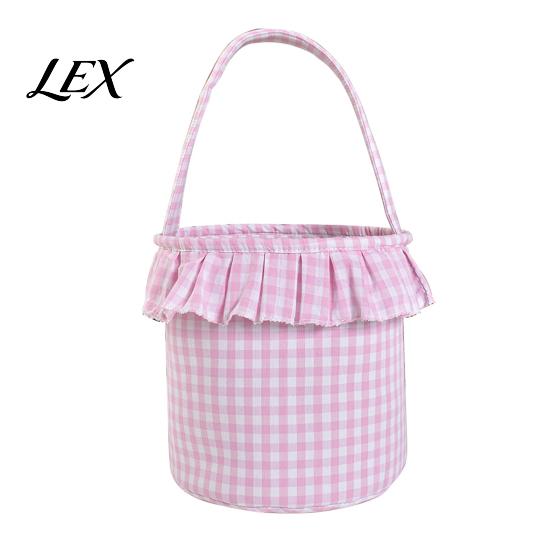 Versatile Household Storage Halloween Basket, Plaid Ruffle Trick or Treat Candy Bucket with Handle Easter Egg Hunt Carriers for Kids, Reusable Gingham