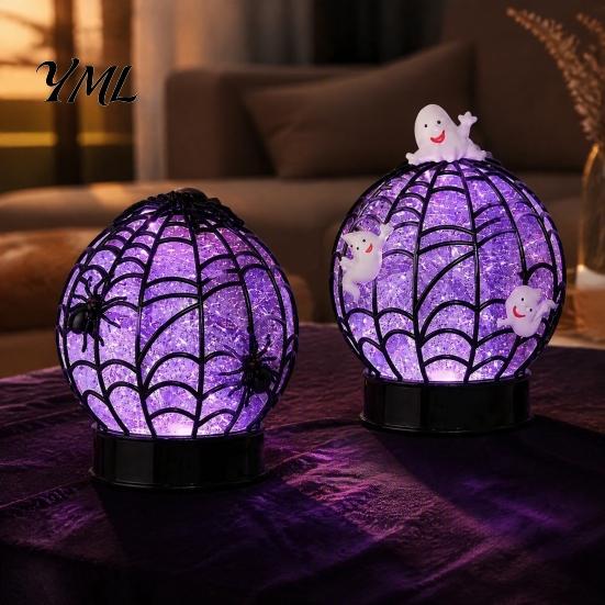 Spider Web Decor Lamp Halloween Ghost Glitter Ball Lamp, Glowing Spiderweb Faux Crystal Sphere Light, Purple Glow Night for Holiday Party Table