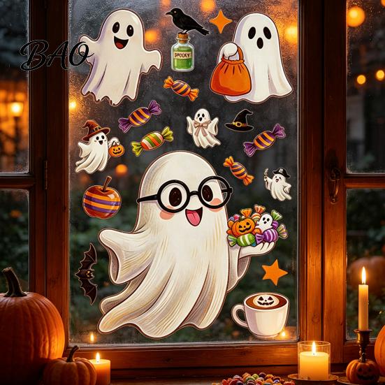 Spooky Theme Party Supplies Halloween Static Window Clings, Glass Stickers with Ghost Cat Bat Shop Displays Patterns, Reusable Holiday Decals