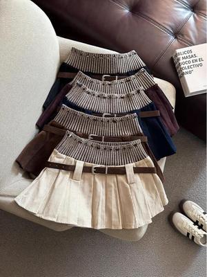 2025 Autumn Korean Style High-Waist Pleated Knit Patchwork Mini Skirt