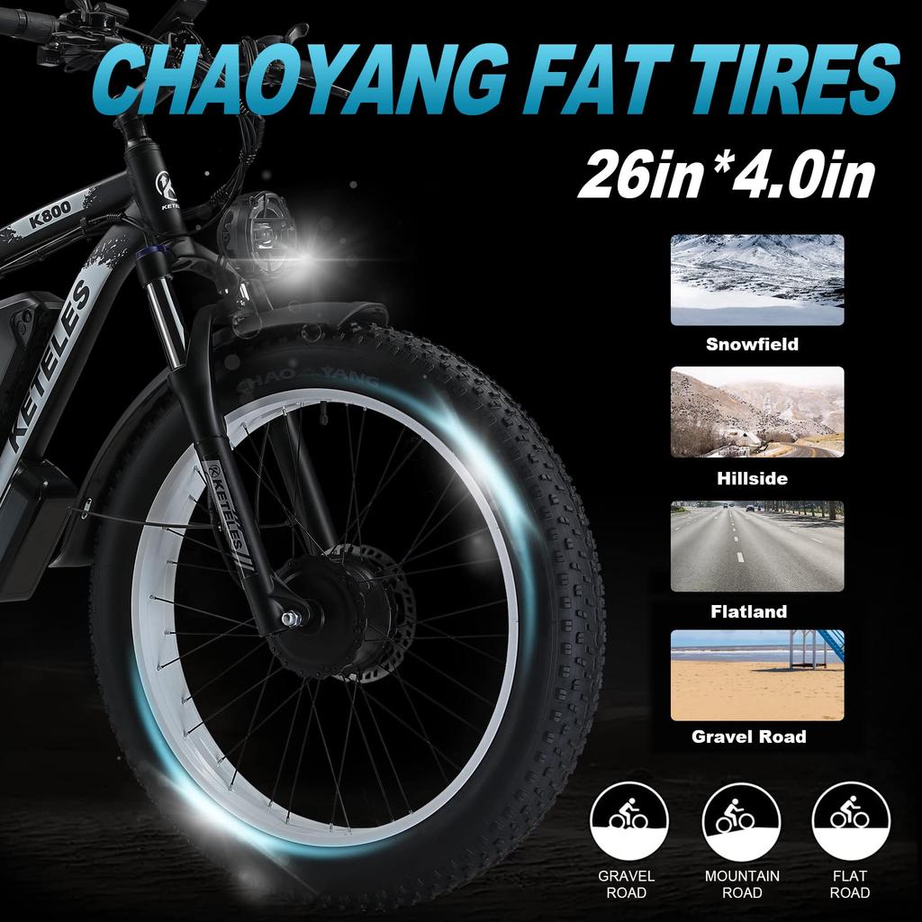 KETELES K800 Elektrické kolo s dvojitým motorem 2×1000W, 48V 23AH, 26" tlusté pneumatiky Chaoyang, uzamykatelná odpružená vidlice, hydraulické kotoučové brzdy, terénní elektrokolo