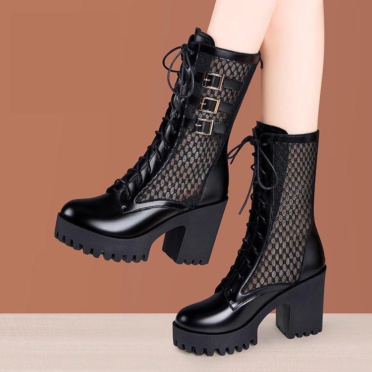 Damen Sommer Netz-Kniehohe Stiefel Weiches Leder Schnürung Plateau Klobiger Absatz Atmungsaktive Sandalenstiefel