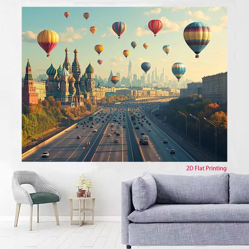 2D European City Backdrop Moscow Cathedral with Colorful Hot Air Balloons Party Photo Background
