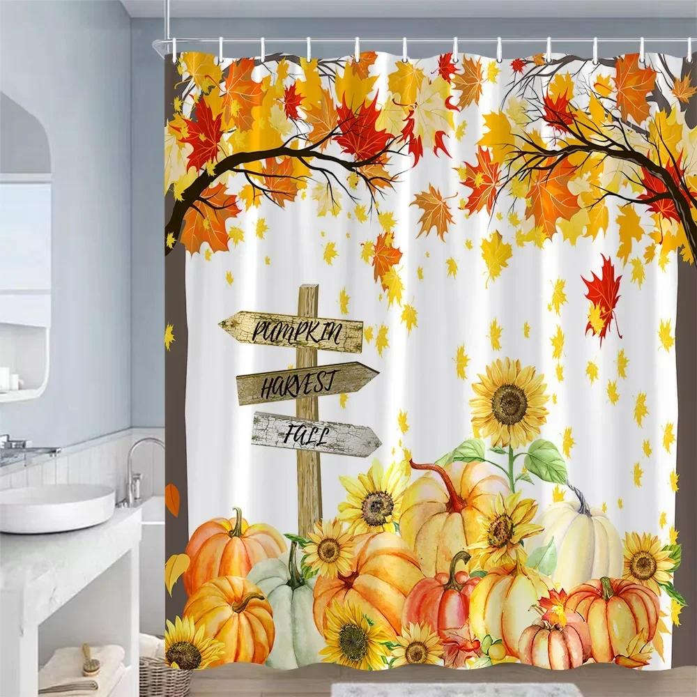 Farm Pumpkin Sunflower Shower Curtains Maple Leaves Cat Truck Autumn Scenery Waterproof Fabric Bathroom Curtain Decor With Hooks