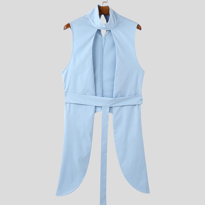 

INCERUN Мужские топы без рукавов с высоким и низким вырезом, повседневные ажурные туники, футболки 5XL синий