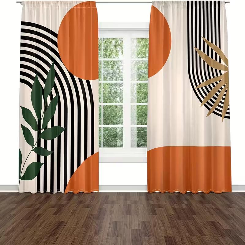 Modern Geometric Curtains Orange Black Abstract Pattern Plant Elements Living Room Bedroom Decor Set Of 2 Made Polyester With Rod Pocket Area