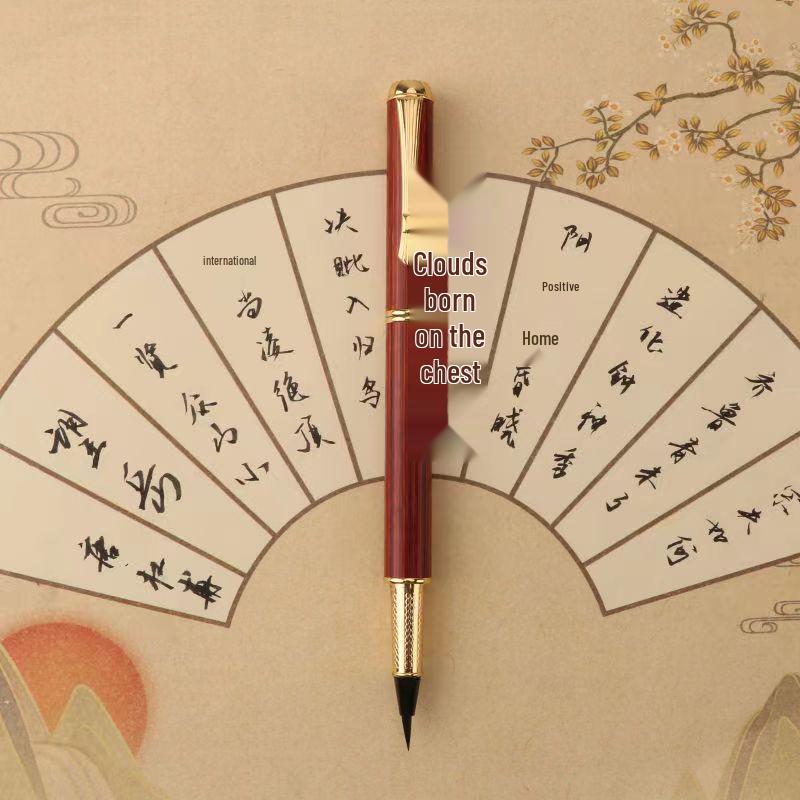 Sandalwood Brush Pen: Portable Calligraphy Soft Tip, Regular Script Ink Cartridge, Engravable Pen