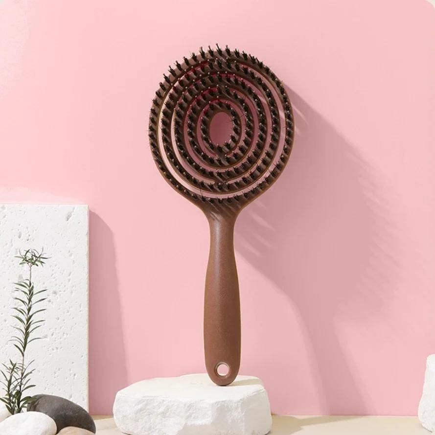 

Boar Bristle Detangling Hair Brush Women Wet Curly Hair Comb Hollow Out Scalp Massage Comb Barber Hairdressing Styling Tools коричневый