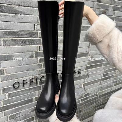 Cowhide Grape Mother Same Thick-soled Small Medium and Long Boots Elastic Knight Boots Women's Autumn and Winter Leather High Boots