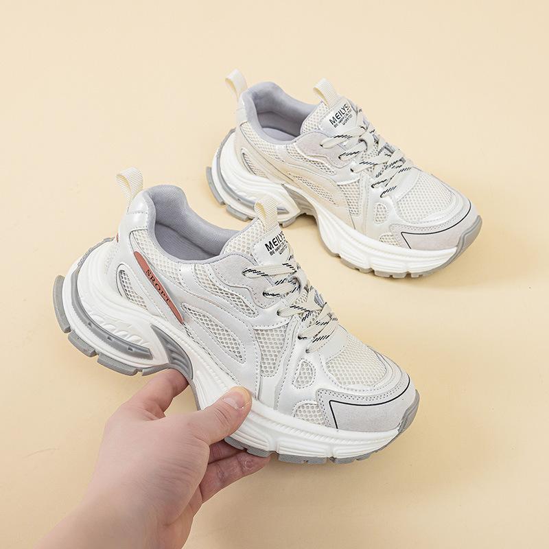 

Leather retro dad shoes women s new mesh breathable sneakers versatile thick-soled heightening casual shoes 40 бежевий