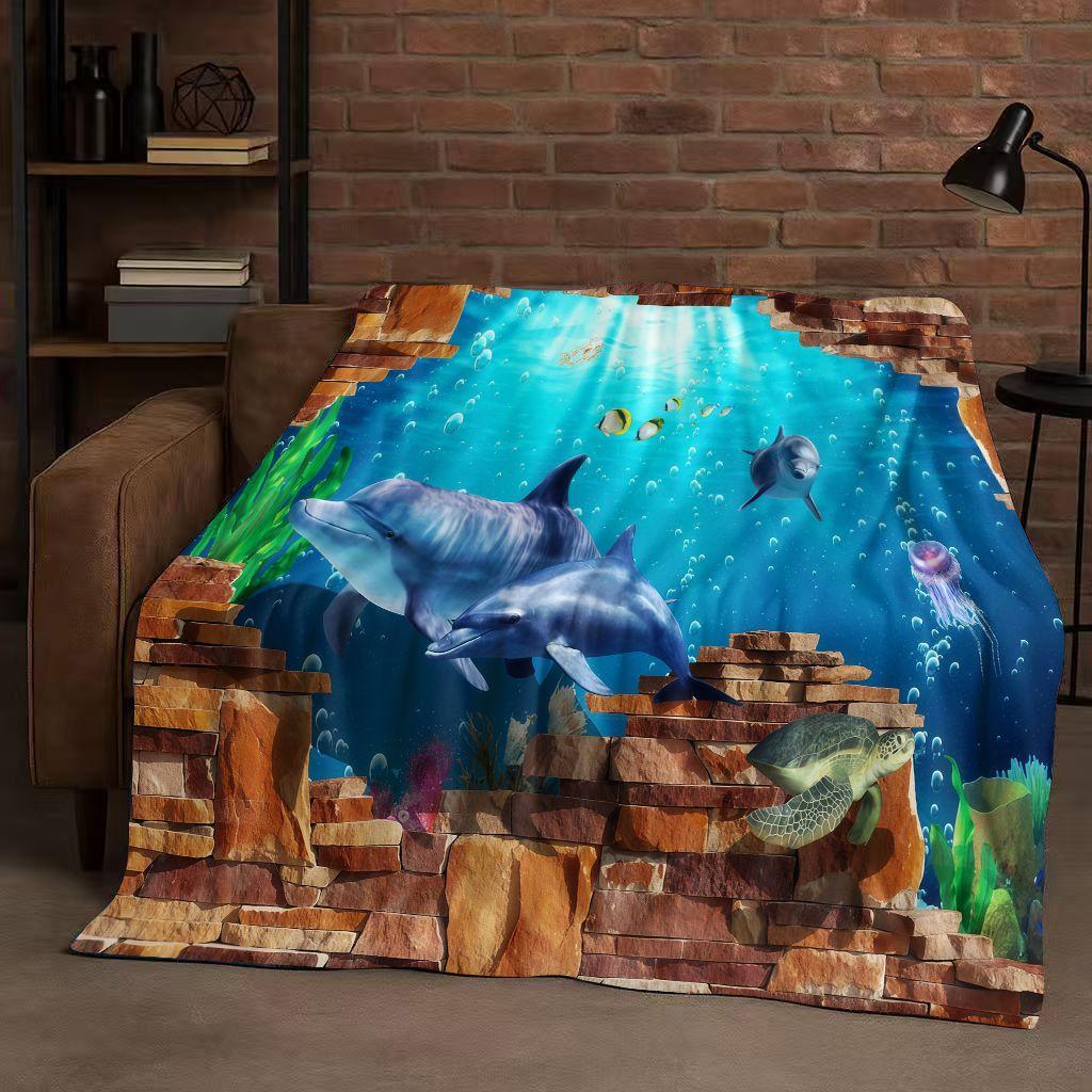 3D Illusion Underwater World Breaking Wall Art Flannel Blanket,Ultra Soft Warm Plush Throw for Home Bedroom Bed Sofa Cover Gift