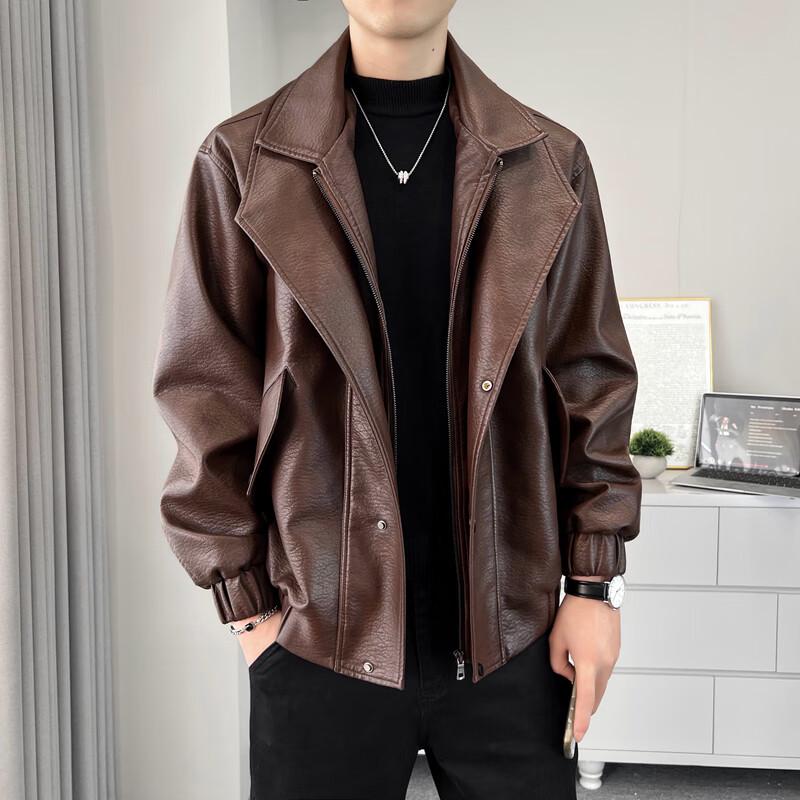 VANCAMEL Men's Double-Collar PU Leather Jacket