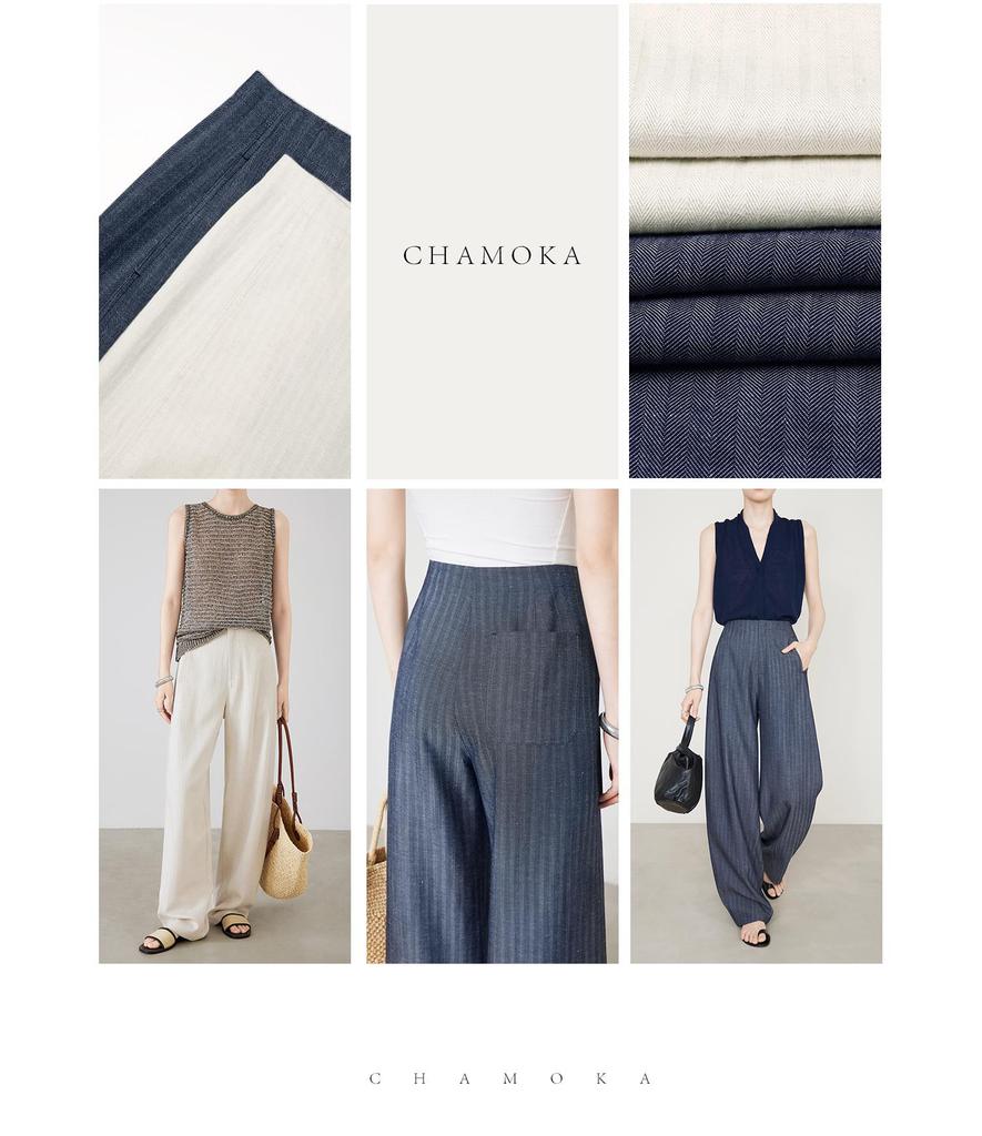 Women's Anti-Wrinkle Tencel Linen Pants, Spring/Summer, Loose Herringbone, Wide-Leg Design, Original Linen Color, Style 7896.