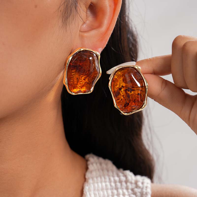 Vintage Brown Resin Elliptical Stud Earrings For Women Exaggerated Metal Geometric Earrings Wedding Ear Zircon Accessories