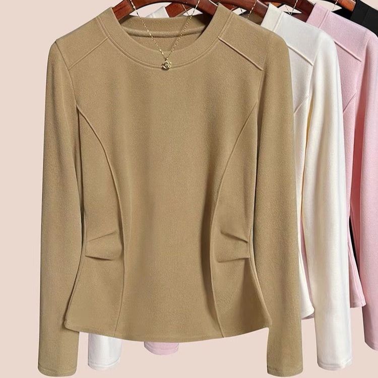 Women's Plus Size Base Shirt Round Neck Velvet Base Shirt Slim Fit Solid Color Stretch Long Sleeve T-Shirt
