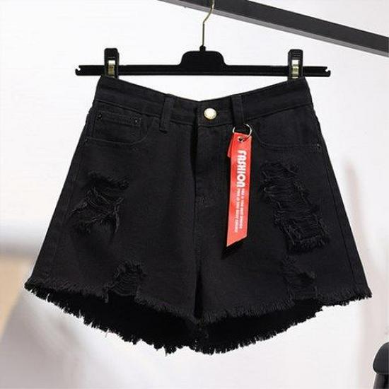 Damen High Waist Plus Size Zerrissene Jeans-Shorts - Koreanischer Stil, Lockere Passform, Roher Saum Hotpants 4XL black