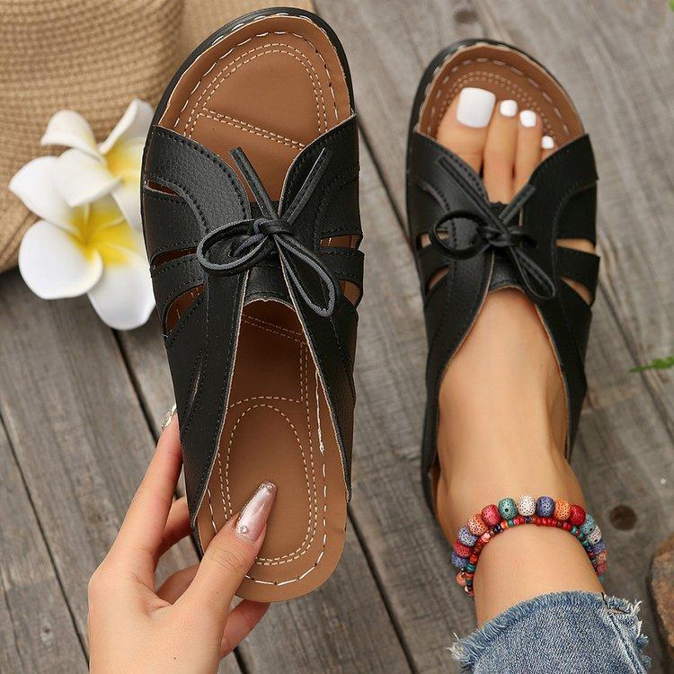 Summer casual retro wedge heel platform sewn shoes one-character women's slippers lace-up women's shoes
