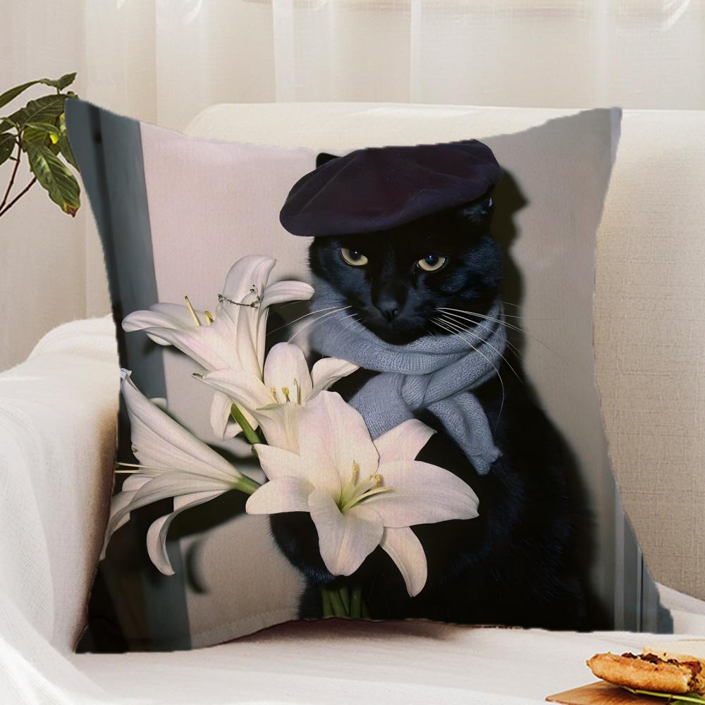 Black C-cat Cushion Cover Premium Comfort Reversible Pillow Cover - Dual - Use Design for Home & Car