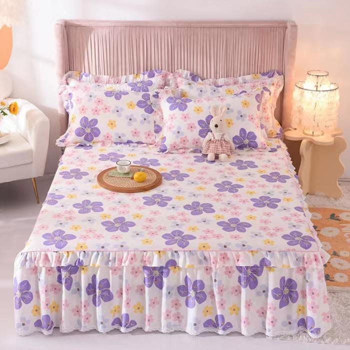 3pcs Sheet Set High Grade 100% Cotton Printed Bedspread King Queen Size Cute Pure Cotton Thick Bed Skirt with 2pcs Pillowcase