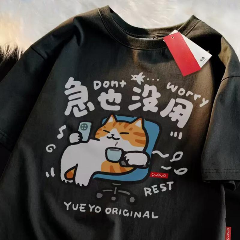 Fun Cartoon Cat Letter Print Summer Womens Short Sleeved Tshirt Round Neck Versatile Fashion Couple Top