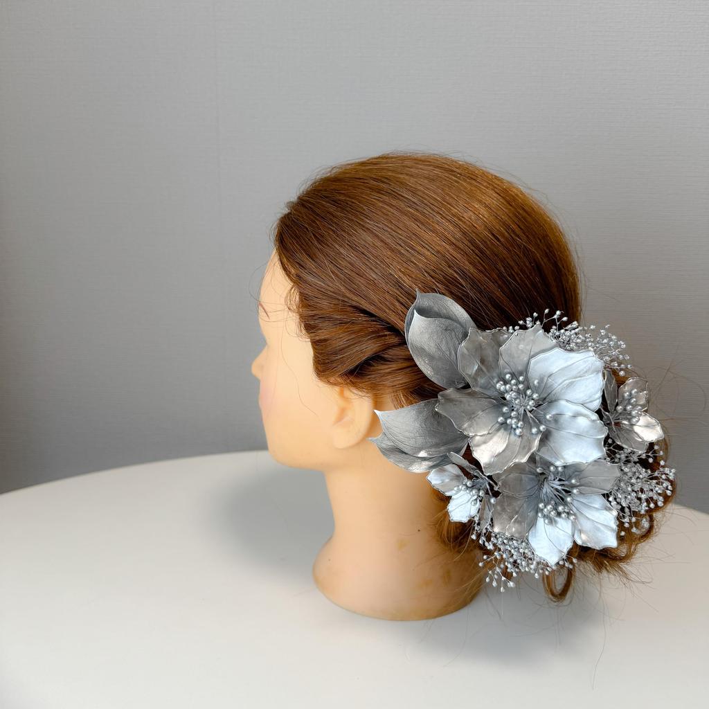 Ensemble de diadème Fleur Américaine Argenté: Feuilles Argentées, Gypsophile Argenté