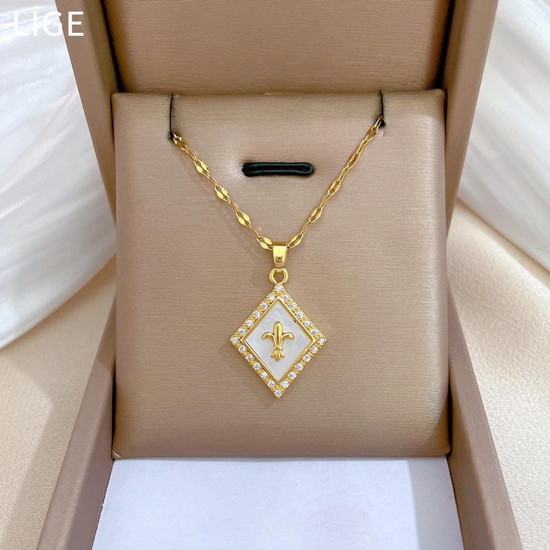 Rhombus Shell Zircon Light Luxury Temperament Gorgeous Full Diamond Necklace Female Versatile Collarbone Chain Titanium Steel Chain