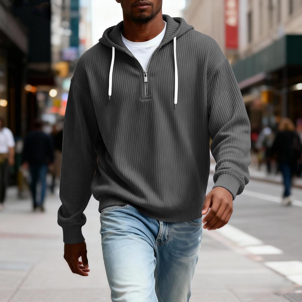 Sudadera con capucha de manga larga con cremallera para hombre, color sólido casual, camiseta de manga larga casual con cremallera para el día a día