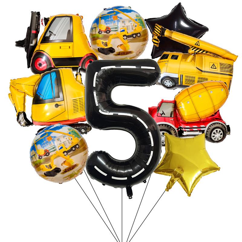40" Black Number Construction Vehicle Theme Aluminum Foil Balloon Set for Birthday Party Decorations