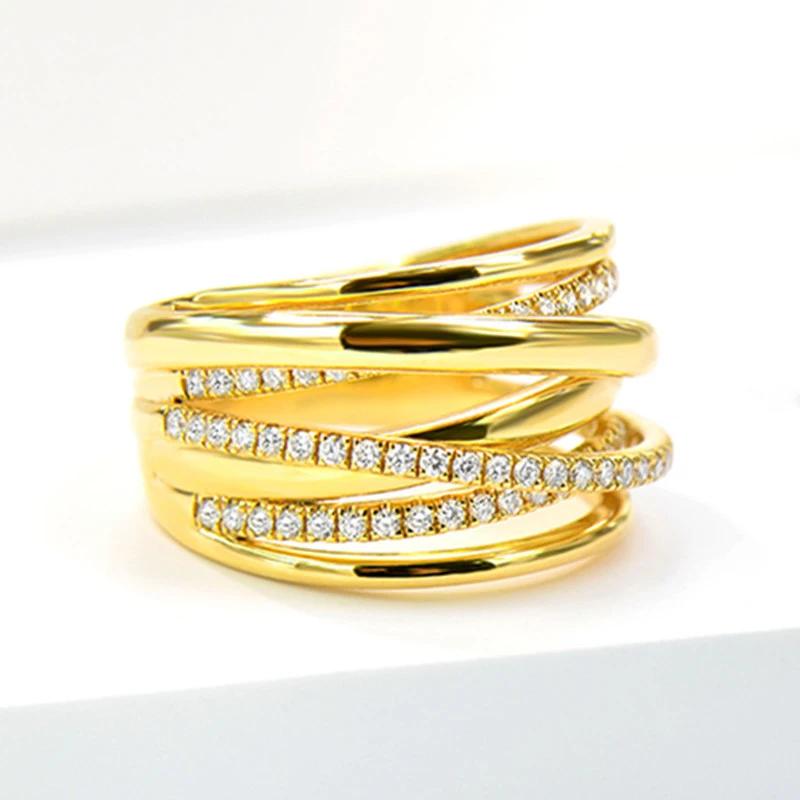 Huitan Gold Color Cross Rings Gorgeous Women Wedding Band Accessories Multi-Layer Shiny Cubic Zirconia Fashion Jewelry for Party