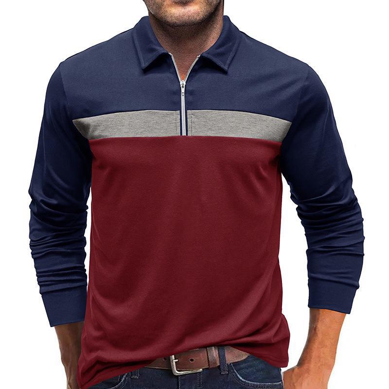 

Men s Long-Sleeve Color Block Zip Henley Polo Shirt - Autumn/Winter Lapel Casual Wear US size XL кларет