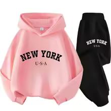Herbst Warm New York Letter Cool Grafikdruck Kinder Langarm Hoodie + Hose Anzug 2er Set Sweatshirt Junge Mädchen Kind Sportbekleidung
