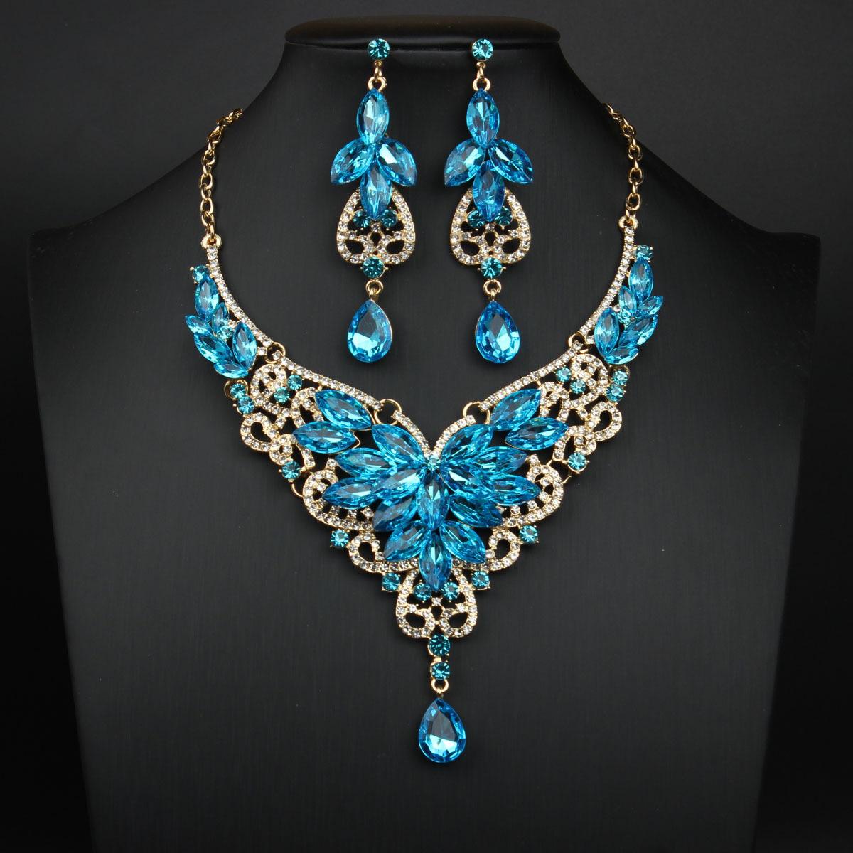 

2026 Exaggerated Crystal Gem Necklace Earrings Set Bridal Banquet Dress Women s Jewelry 45CM озеро синього кольору