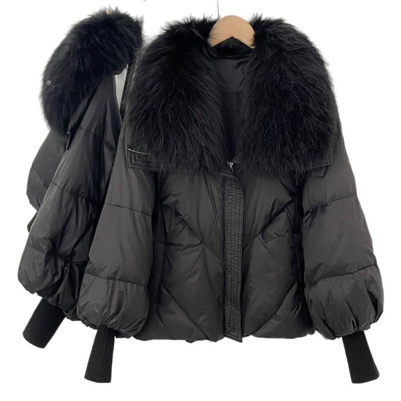 Womens Winter Duck Down Coat With Removable Raccoon Fur Collar Knit Sleeve Thick Warm Short Puffer Jacket