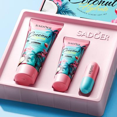 Geschenkset mit Feuchtigkeitsduft und Kokosnuss, feuchtigkeitsspendende, nährende und hydratisierende Körperlotion, Handcreme, Lippenbalsam-Set, Hautpflege, 3 Stück/Box