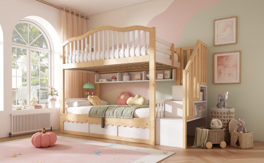 Bunk Bed 90x200 with Hydraulic Storage - Safety Stairs & Shelf, Fall Protection, EN 747-1:2024 Certified, White & Oak, 252x98x170cm