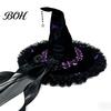 Velvet Witch Hat Halloween for Women, Large Black Wizard with Magical Mesh Ruffle Brim Adults Costume, Cosplay Party