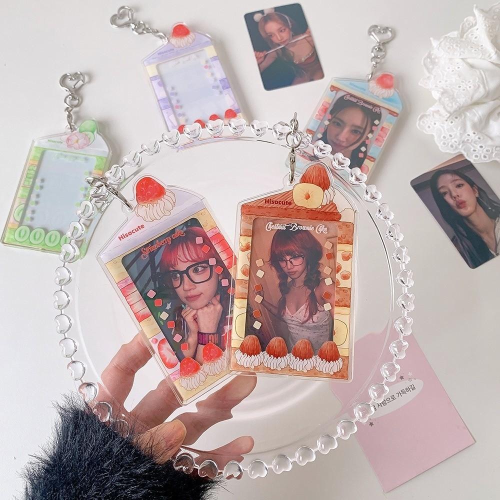 Acrylic Kpop Photocard Holder Keychain 3 Inch Cake Dessert Shape Campus Card Protective Case Transparent