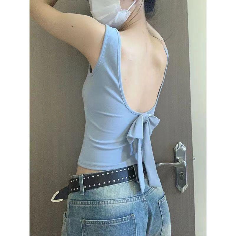 Korean Style Slimming Women's Summer Vest with Chest Pad and Bow Top