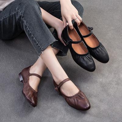 Genuine Leather Pleated Pumps Casual Soft Sole Comfortable Versatile Women's Low Heeled Shoes