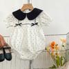 Baby Girl Summer Dotted Short Sleeve Romper with Bow and Peter Pan Collar