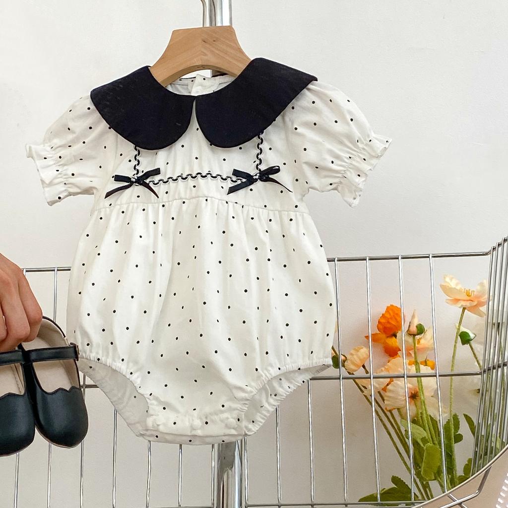 Baby Girl Summer Dotted Short Sleeve Romper with Bow and Peter Pan Collar