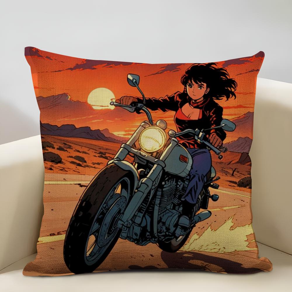 Female motorcyclist Cushion Household Decoration Linen Sofa Cushion Cover: Skin-Friendly & Breathable with Invisible Zipper