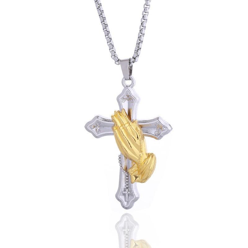 Versatile European and American Hip Hop Trendy Prayer Gesture Cross Necklace Trendy Hip Hop Titanium Steel