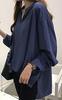 Elegant Long Sleeve Long Cut and Sleeve Korean Puff Loose and Job Flare Skipper Navy [Aspersio] Shirt, Beautiful, Top, Women's Blouse, Pullover,