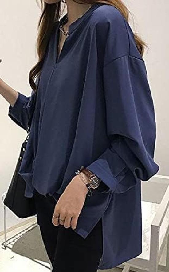 Elegant Long Sleeve Long Cut and Sleeve Korean Puff Loose and Job Flare Skipper Navy [Aspersio] Shirt, Beautiful, Top, Women's Blouse, Pullover,