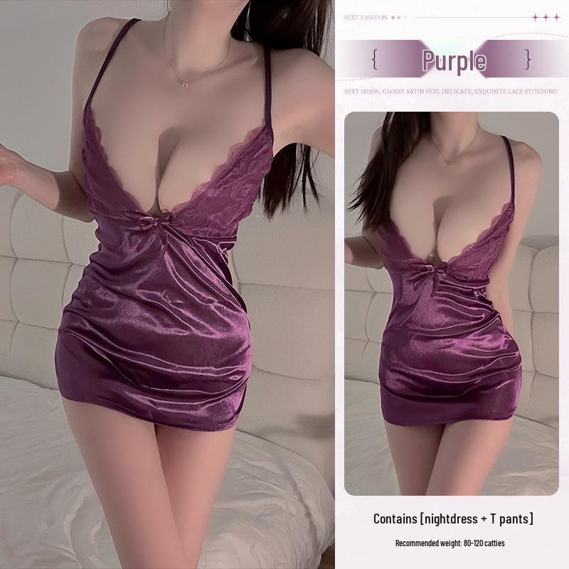 Sleek Lace Desire: Women's Sexy Sling Nightgown & Hugging Pajamas Set