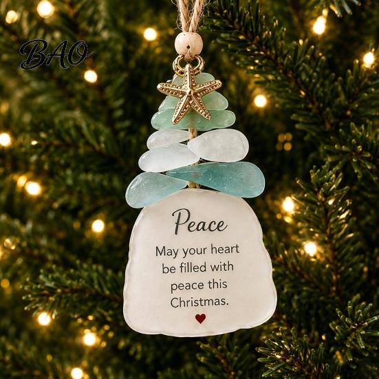 Handmade Christmas Ornament Sea Glass Tree Ornament, Seaglass Art Hanging Decor with Starfish Charm, Coastal Theme Decoration Peace Love Joy