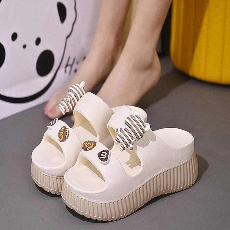 Women's Thick-Soled Cartoon Bear Slippers - Casual Home and Outdoor Summer Sandals, Height-Enhancing Design