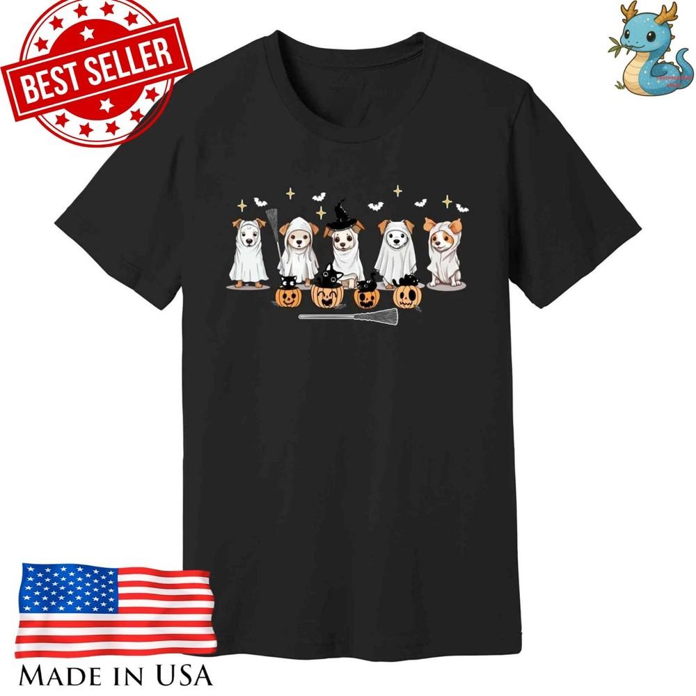 Funny Halloween Dog Shirt Cute Puppy Ghost Pumpkin Graphic Tee Unisex T-Shirt M